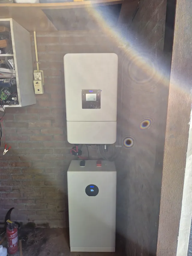 Deye inverter with one battery module against a brick wall in a shed.